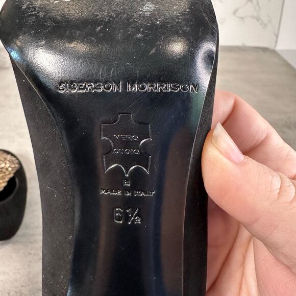 Sigerson Morrison Flair Silk Black Suede Sahara Heels Women's US6.5 EU40 Metal - Picture 8 of 10